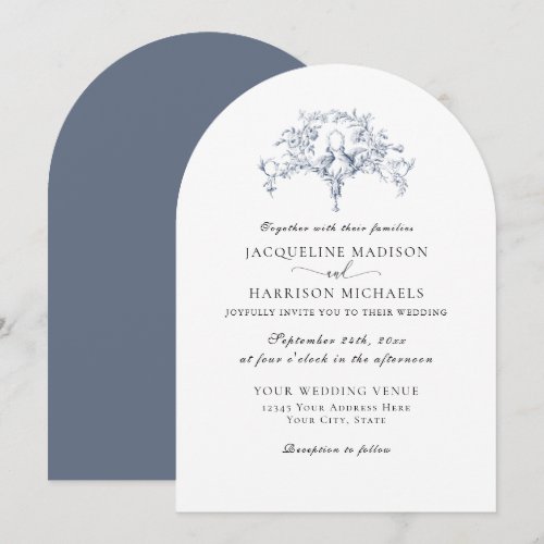 Simple Elegant French Toile Navy Blue White Doves Invitation