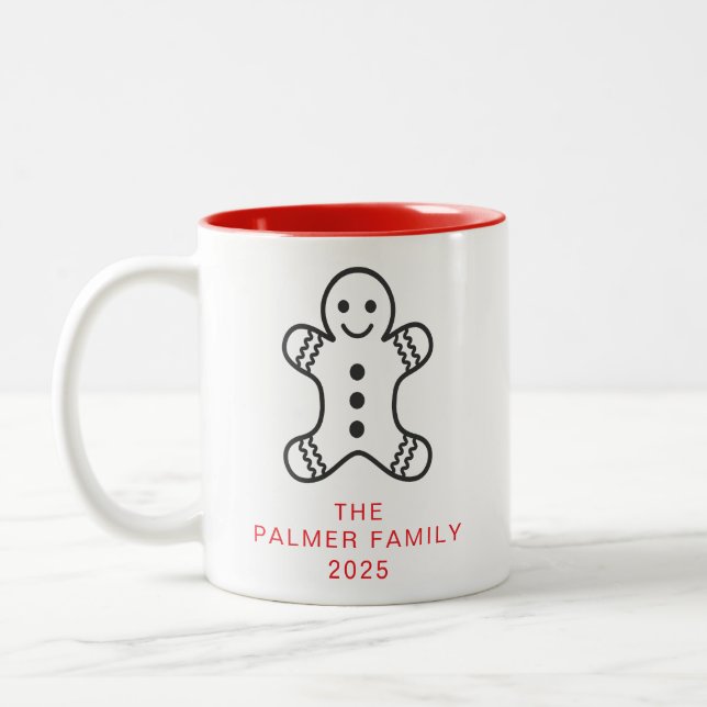 Simple Elegant Gingerbread Christmas Family Name Two-Tone Coffee Mug (Left)