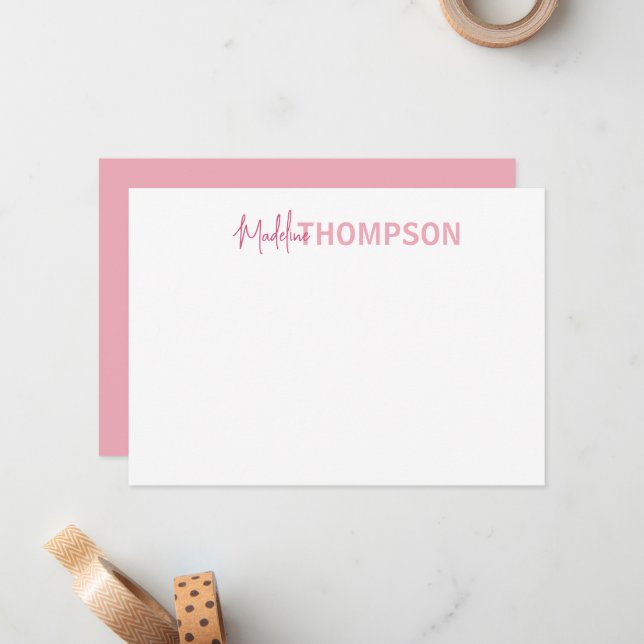 Simple Elegant Girly Blush Pink Name Note Card (Front/Back In Situ)