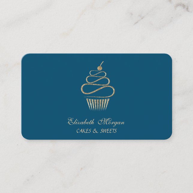 Simple Elegant Glitter Cupcake,Sweets Blue Business Card (Front)