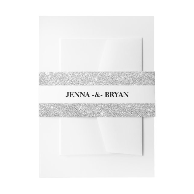 Simple Elegant Glitter Silver & White Personalized Invitation Belly Band (Front Example)