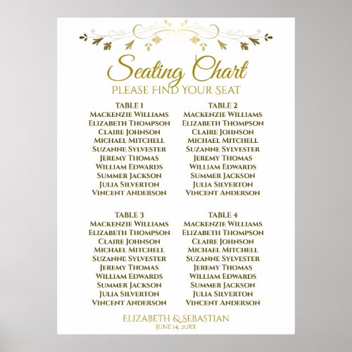 Simple Elegant Gold 4 Table Wedding Seating Chart