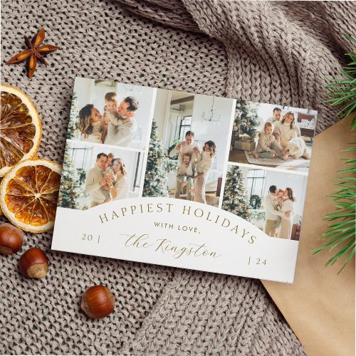 Simple Elegant Gold 5 Photo Collage Holiday Card