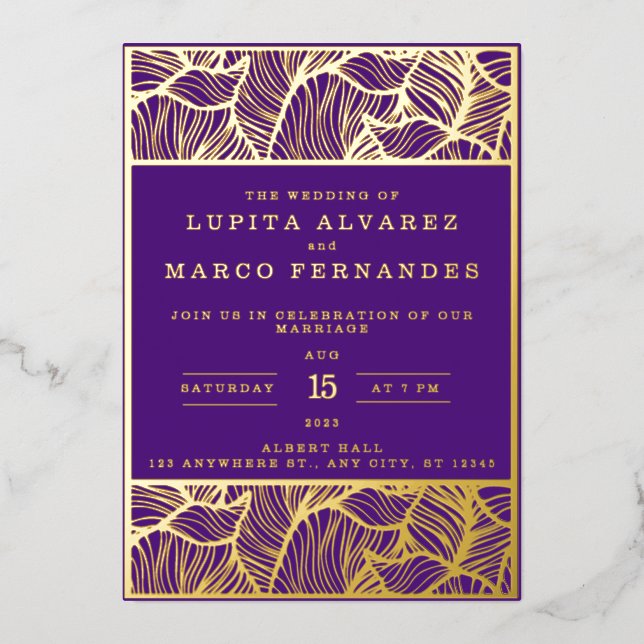 Simple Elegant Gold and Purple Violet Wedding Foil Invitation (Front)