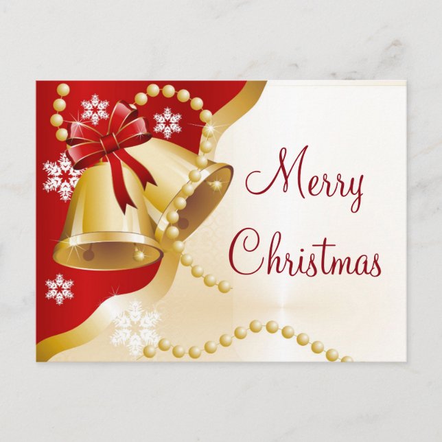 Simple Elegant Gold Bell Pearls Merry Christmas Holiday Postcard (Front)