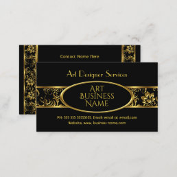 Simple Elegant Gold Black Floral Damask Business Card