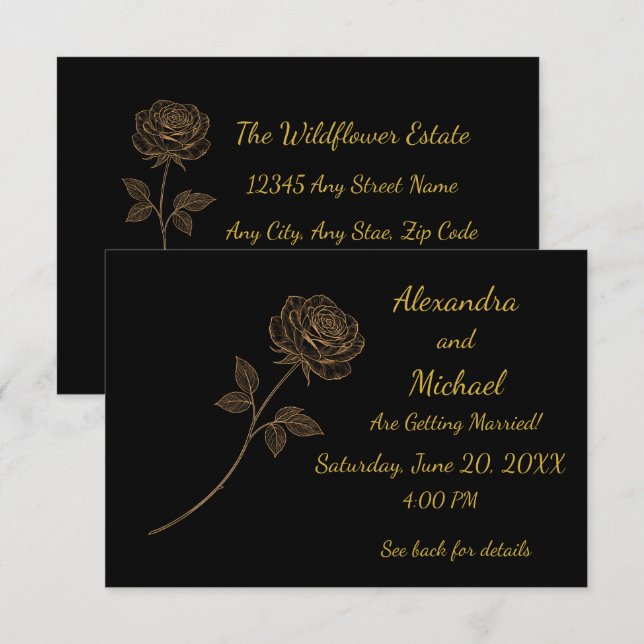 Simple Elegant Gold & Black Line Art Rose Wedding Invitation (Front/Back)