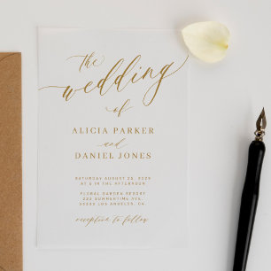 Simple elegant gold calligraphy clear wedding  acrylic invitations