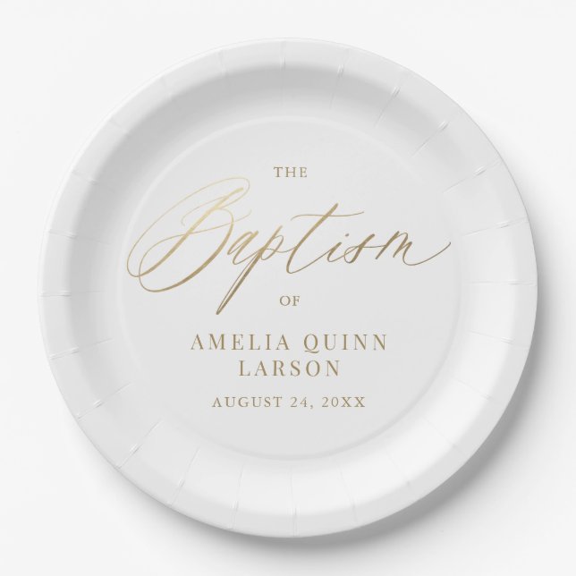 Simple Elegant Gold Calligraphy Script Baptism Paper Plates (Front)