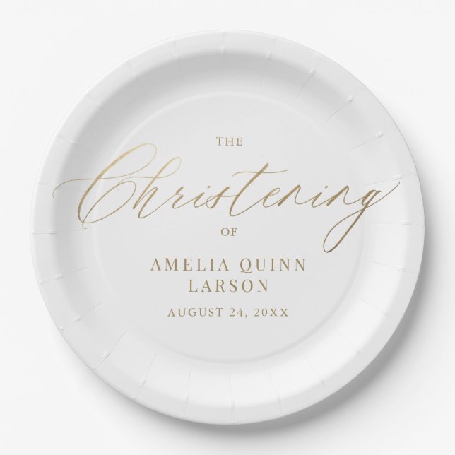 Simple Elegant Gold Calligraphy Script Baptism Paper Plates (Front)