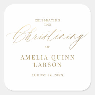 Simple Elegant Gold Calligraphy Script Christening Square Sticker