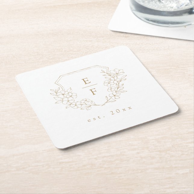 Simple Elegant Gold Cherry Blossom Monogram Crest  Square Paper Coaster (Angled)