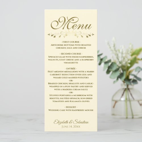 Simple Elegant Gold  Cream Lacy Filigree Wedding  Menu