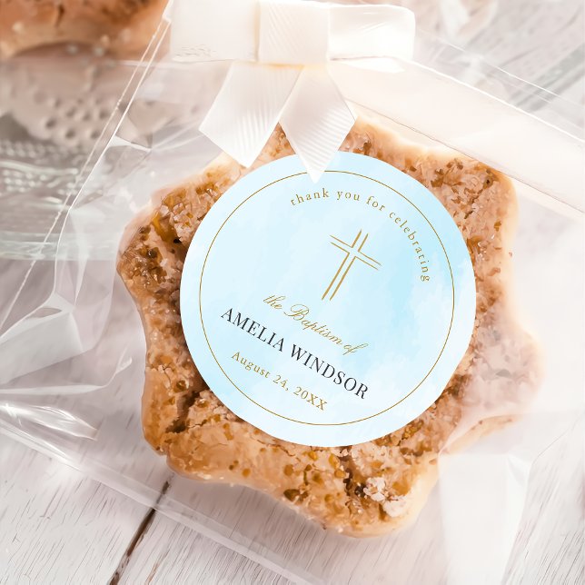 Simple Elegant Gold Cross Baptism Christening Classic Round Sticker (Creator Uploaded)