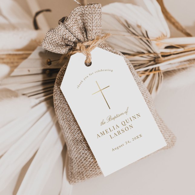 Simple Elegant Gold Cross Baptism Christening Gift Tags (Creator Uploaded)