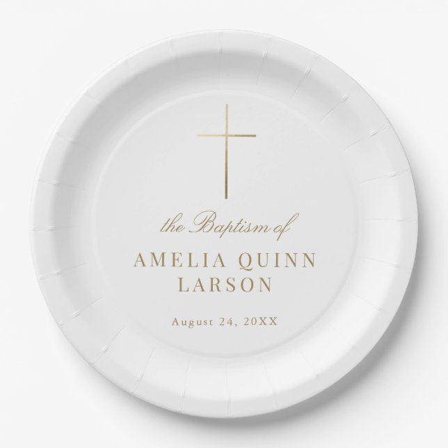 Simple Elegant Gold Cross Baptism Christening Paper Plates (Front)