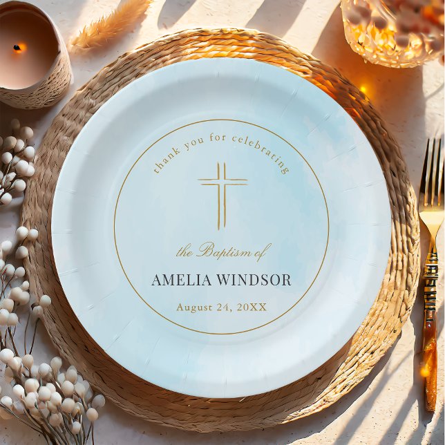 Simple Elegant Gold Cross Baptism Christening Paper Plates (Creator Uploaded)