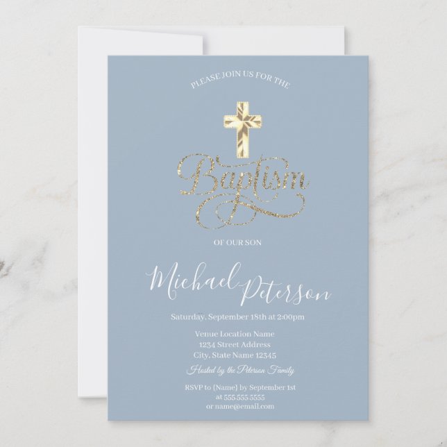 Simple Elegant Gold Cross Baptism Dusty Blue Invitation (Front)