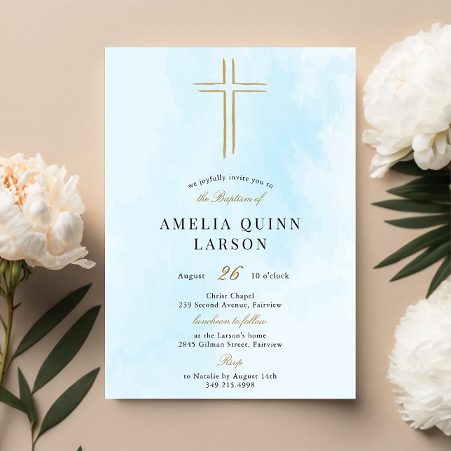 Simple Elegant Gold Cross Baptism Invitation (Creator Uploaded)