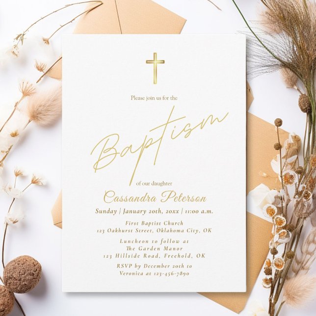 Simple Elegant Gold Cross Baptism Invitation (Creator Uploaded)