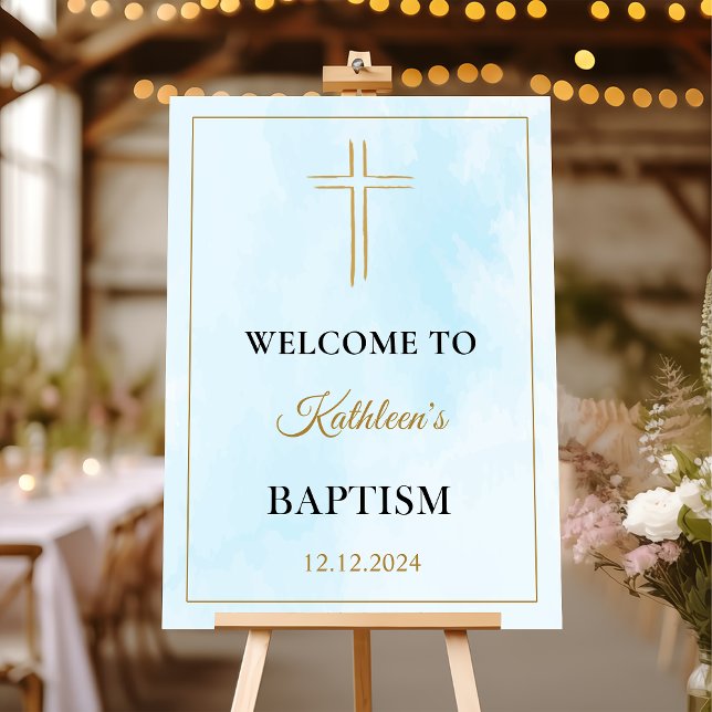 Simple Elegant Gold Cross Baptism Welcome Sign (Creator Uploaded)