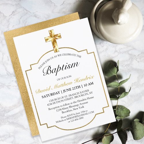 Simple Elegant Gold Cross Boys Baptism  Invitation