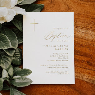 Simple Elegant Gold Cross Calligraphy Baptism Invitation