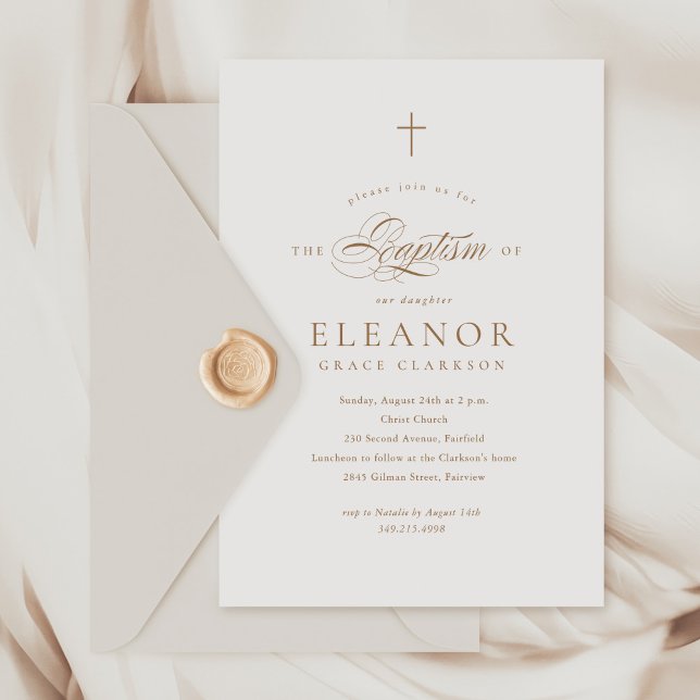 Simple Elegant Gold Cross Calligraphy Baptism Invitation (Creator Uploaded)