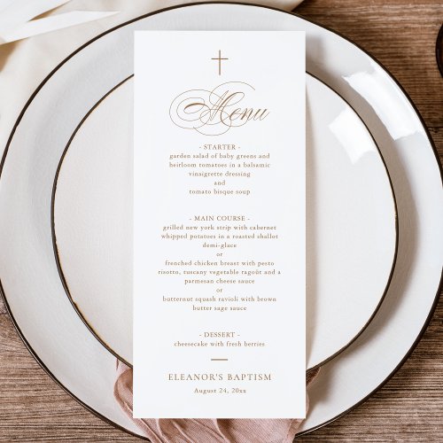 Simple Elegant Gold Cross Calligraphy Baptism Menu