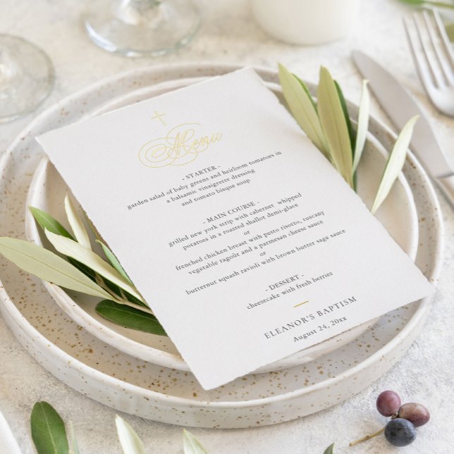Simple Elegant Gold Cross Calligraphy Baptism Menu Foil Invitation (Creator Uploaded)