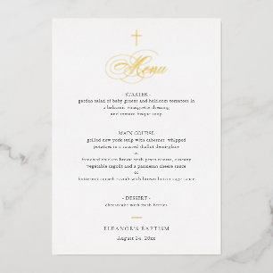 Simple Elegant Gold Cross Calligraphy Baptism Menu Foil Invitation