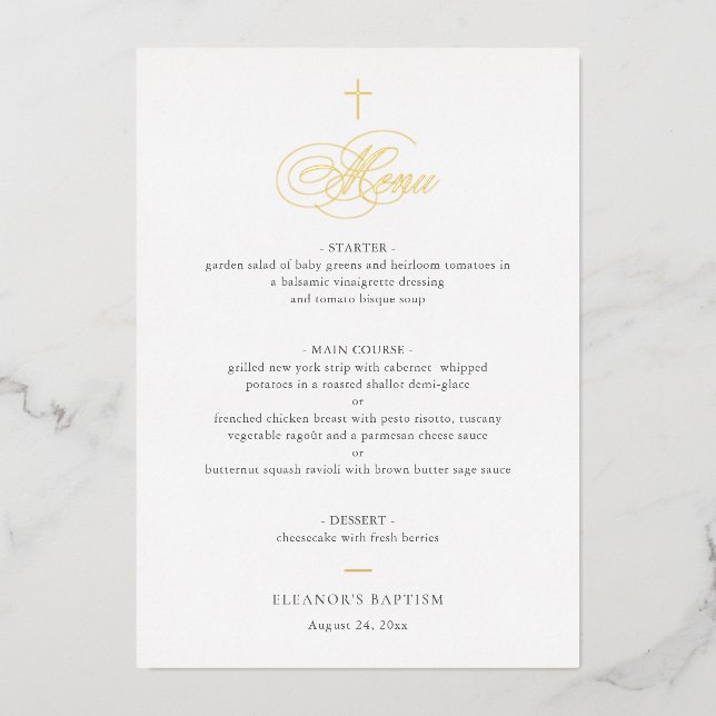 Simple Elegant Gold Cross Calligraphy Baptism Menu Foil Invitation (Front)