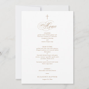 Simple Elegant Gold Cross Calligraphy Baptism Menu Invitation