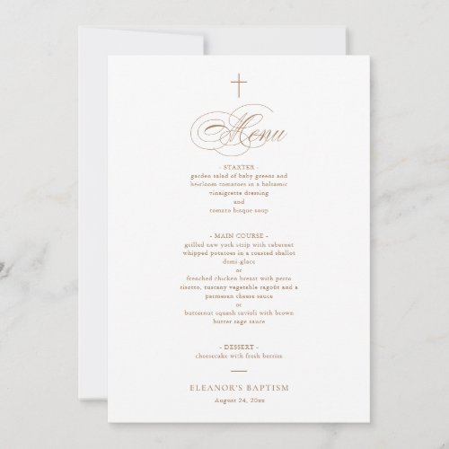 Simple Elegant Gold Cross Calligraphy Baptism Menu Invitation