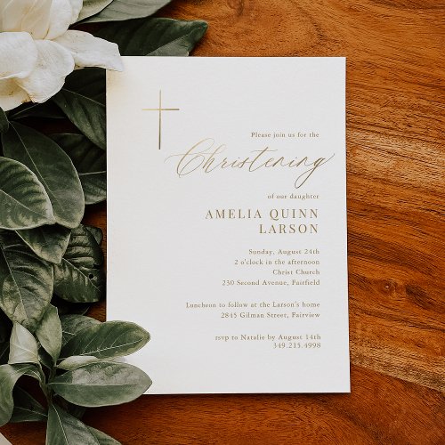 Simple Elegant Gold Cross Calligraphy Christening Invitation