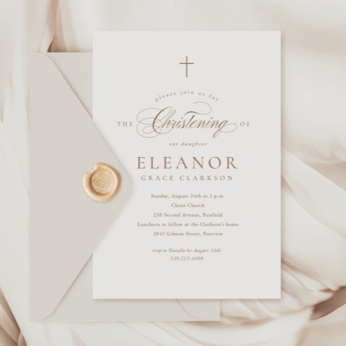 Simple Elegant Gold Cross Calligraphy Christening Invitation