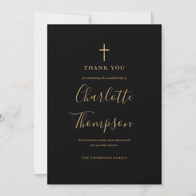 Simple Elegant Gold Cross Memorial Funeral Thank You Card (Front)