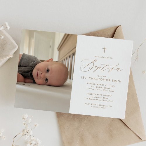 Simple Elegant Gold Cross Photo Baptism Invitation