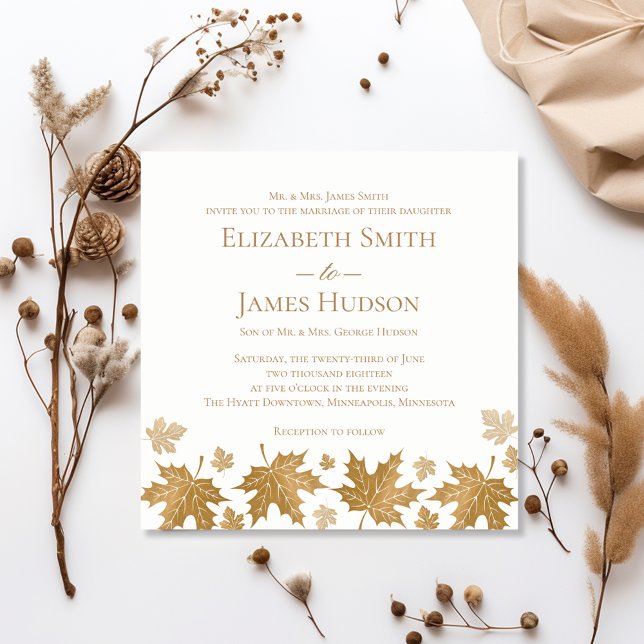 Simple Elegant Gold Fall Leaves Wedding Invitation (Creator Uploaded)
