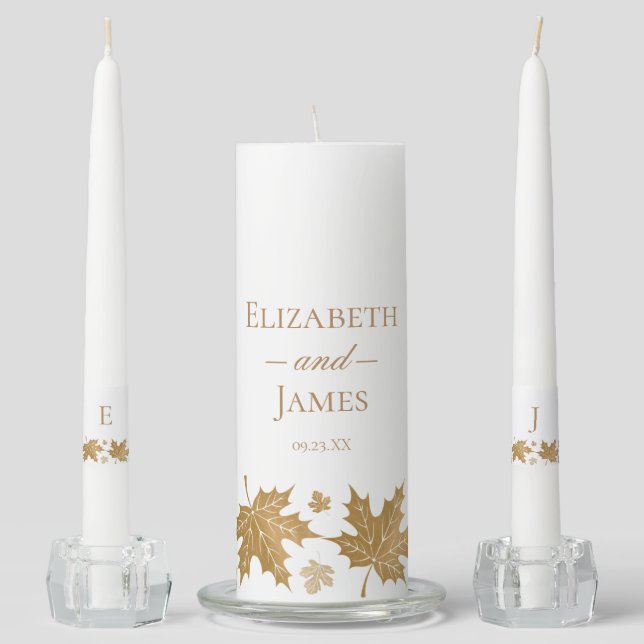 Simple Elegant Gold Fall Leaves Wedding Unity Candle Set (Front)