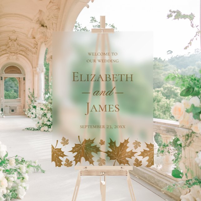 Simple Elegant Gold Fall Leaves Wedding Welcome Acrylic Sign (Creator Uploaded)