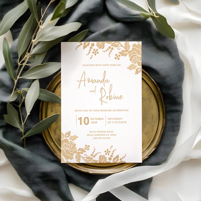 Simple Elegant Gold Floral Wedding Invitation (Creator Uploaded)