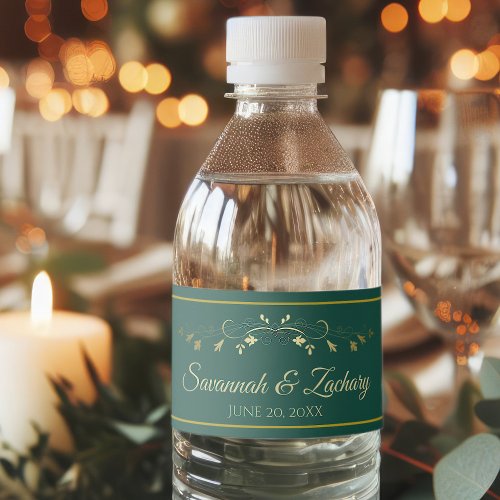 Simple Elegant Gold Flourish Emerald Green Wedding Water Bottle Label