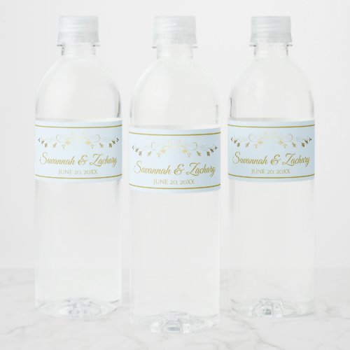 Simple Elegant Gold Flourish Powder Blue Wedding Water Bottle Label