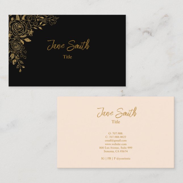 Simple Elegant Gold Flower Black Business Card (Front/Back)