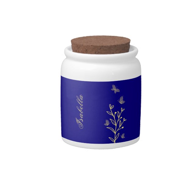 Simple elegant gold flower royal blue wedding candy jar (Front)