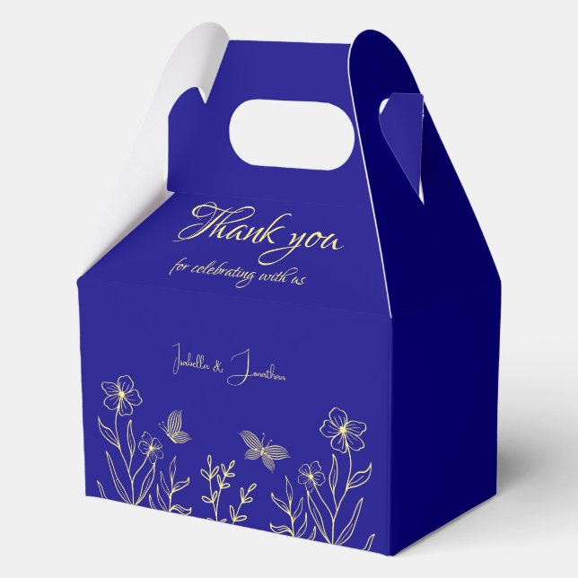 Simple elegant gold flower royal blue wedding favor boxes (Front)