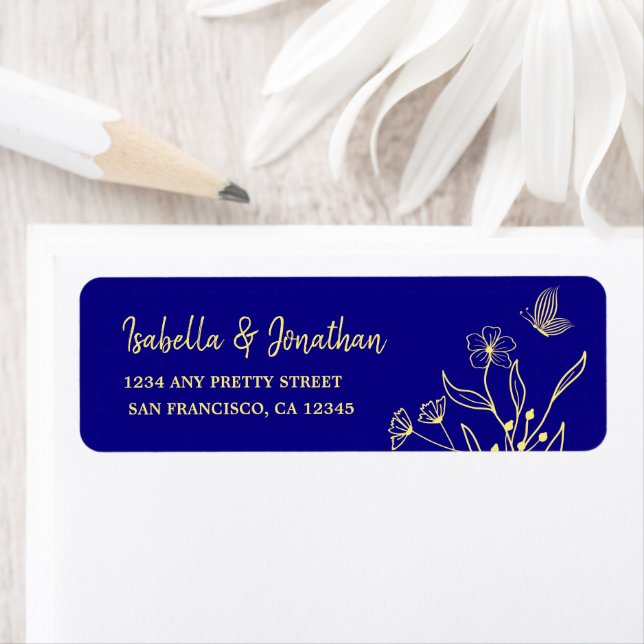 Simple elegant gold flower royal blue wedding label (Insitu)