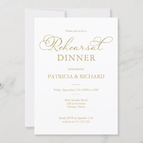 Simple Elegant Gold Foil Script Rehearsal Dinner Invitation