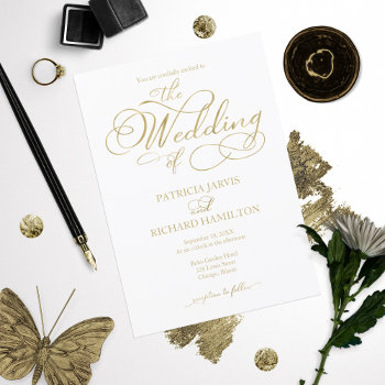 Simple Elegant Gold Foil Script Wedding Invitation by StampsbyMargherita at Zazzle